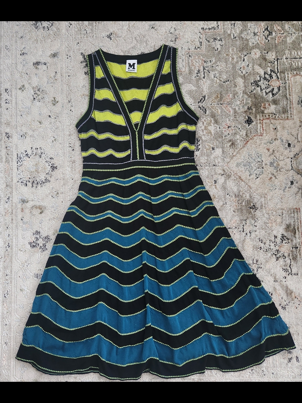 NMissoni Black, Teal & Lime Striped Rippled Fit-and-Flare Dress Size 44